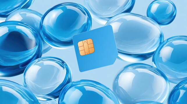Blue SIM card with gold chip close-up among glossy blue bubbles representing mobile connectivity