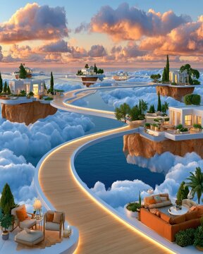 Floating islands connected by glowing bridges over clouds at sunset with modern luxury homes