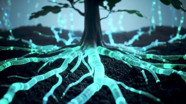 Glowing blue root system under plant in soil.