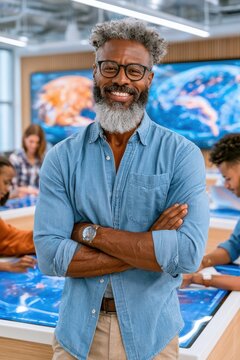 Inspiring teacher smiling confidently in an interactive classroom with students and digital displays