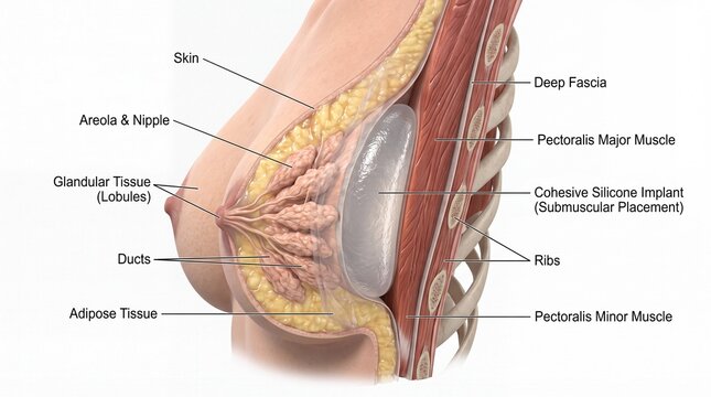 Cross section breast anatomy showing skin areola nipple glandular tissue ducts adipose tissue deep fascia pectoralis muscles ribs and cohesive silicone implant