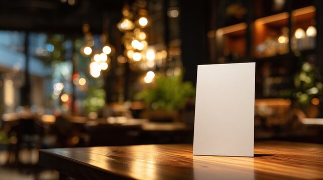 Blank paper tent card mockup on a wooden restaurant table with warm bokeh lights. Ideal for cafe menus and.