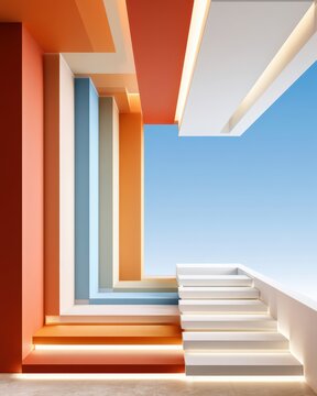 Modern minimal luxury staircase and geometric architectural interior with colorful glowing steps and sky