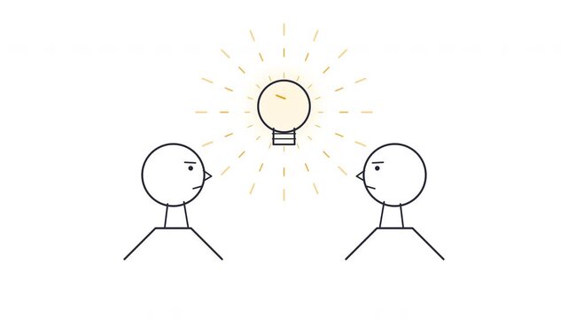 Animation of two heads sharing a glowing light bulb, idea concept