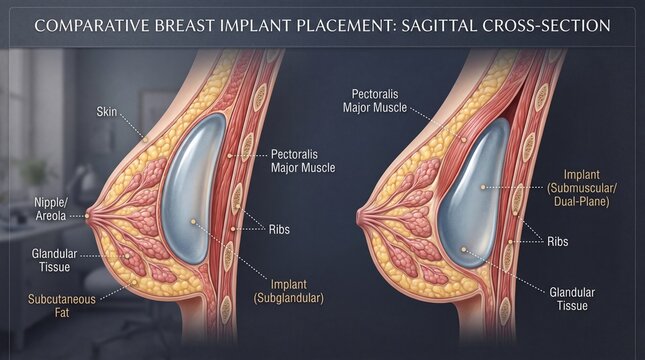 Comparative breast implant placement sagittal cross section showing subglandular and submuscular positions skin glandular tissue subcutaneous fat ribs and pectoralis major muscle