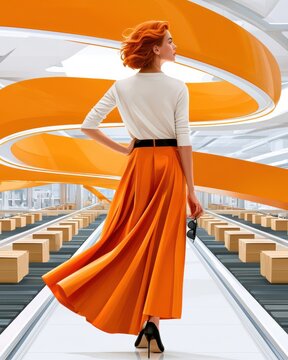 Stylish woman in orange skirt walking through a futuristic automated factory with conveyor belts