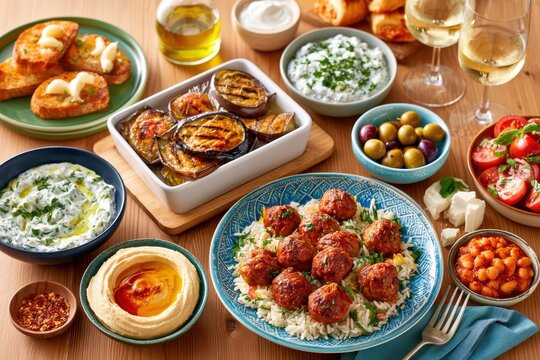 Mediterranean table spread with meatballs, hummus, grilled eggplant and assorted dips for sharing
