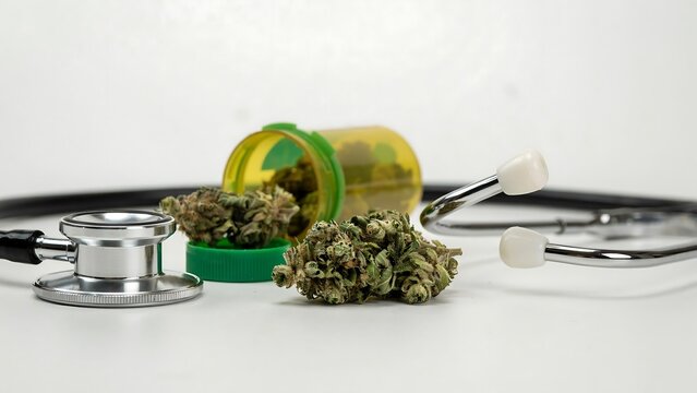 Medical stethoscope with dried cannabis flowers and prescription pill bottle