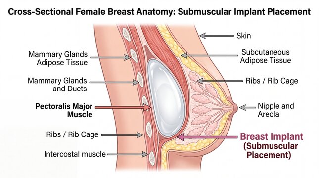 Cross sectional female breast anatomy showing submuscular breast implant skin mammary gland adipose tissue ducts pectoralis major muscle rib cage intercostal muscle and nipple