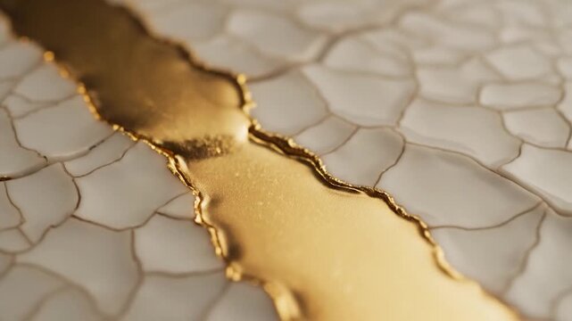 Golden spoon on white cracked ceramic surface.