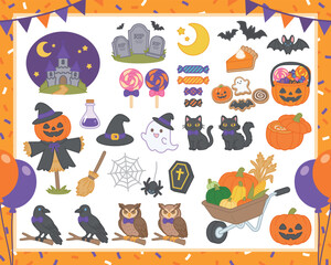 ハロウィンのモチーフイラストセット（かぼちゃのカカシ、おばけ、黒猫、秋の収穫一輪車、お菓子、フレーム） © ろろ