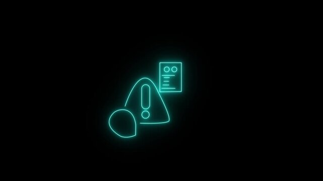 Glowing neon con featuring a shield, a warning triangle with an exclamation mark, and a document report. Animated security risk alert, system warning, threat detection icon on a black background