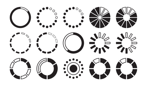 Circle dashes set, circular scale, blank clock face markings, download, upload, and wait concept