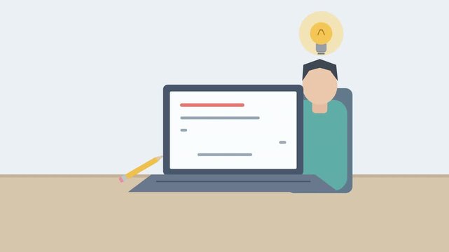 Creative writer with pencil and light bulb gets idea while typing on laptop