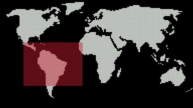 World Map Dotted animation White South America Highlighted with Concentric Circles text denger sector and Rectangular Overlay. world map with dotted white South America, rectangular overlay