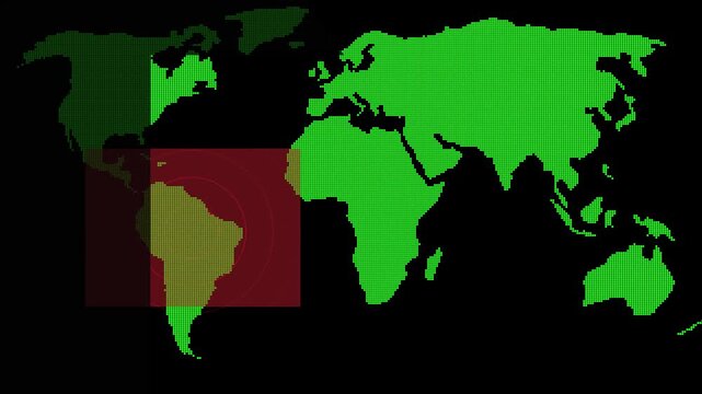 World Map Dotted Green South America Highlighted with Concentric Circles and Rectangular Overlay animation. Animated green dots map focusing on South America with clear concentric circles