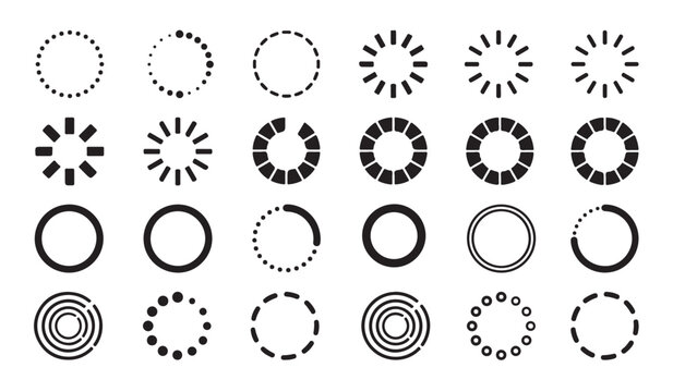 Set of various black circular loading and buffering progress icons for web and mobile user interfaces with buffering progress interface download
