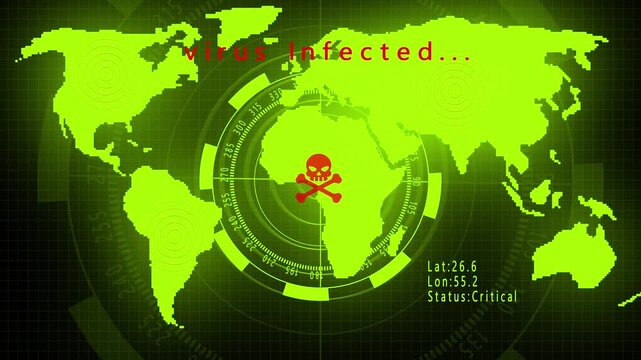 Global Map in Neon Green Showing Virus Infection with Skull and Crossbones and Radar Interface animation.Virus infection animated on neon green world map with skull icons, radar sweep, and hotspot