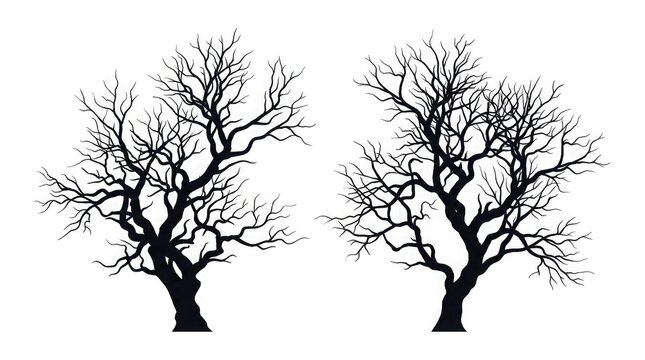 Two black leafless tree silhouettes without leaves on branches isolated on white background