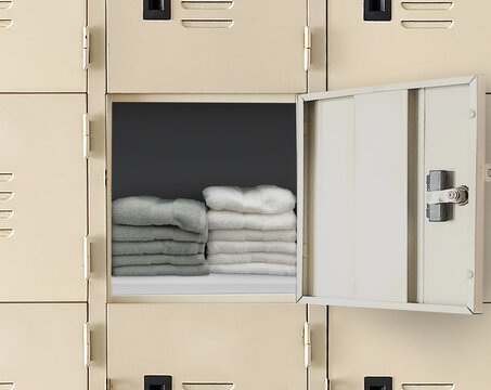 Gym lockers with white and gray towels included.