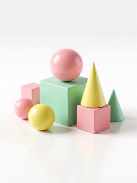 Colorful 3D geometric shapes stacked and arranged. Vibrant abstract cubes, spheres, and pyramids in pastel tones. Modern playful design elements fo...