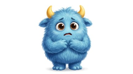 Fototapeta premium Sad fluffy blue monster with yellow horns isolated on white background