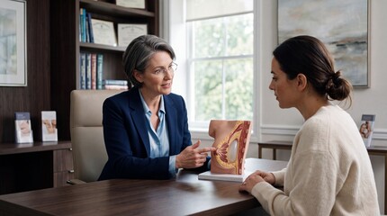 Obraz premium Doctor consultation with female patient, medical professional explaining anatomy using educational model, healthcare discussion in modern office, informative and supportive atmosphere