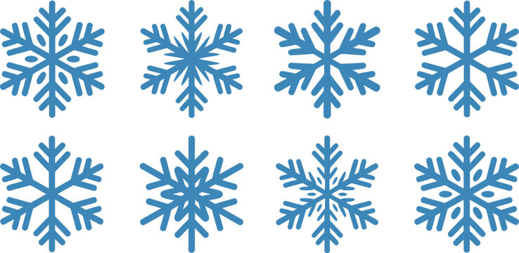 Eight light blue snowflake illustrations on a white background