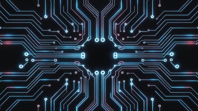 Glowing lines pulse across a digital circuit board pattern, representing technology, data flow, and innovation on a dark background