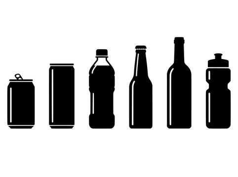 Minimalist beverage container silhouettes, black drink bottle and aluminum can icons, set of 6 liquid packaging vector illustrations for recycling
