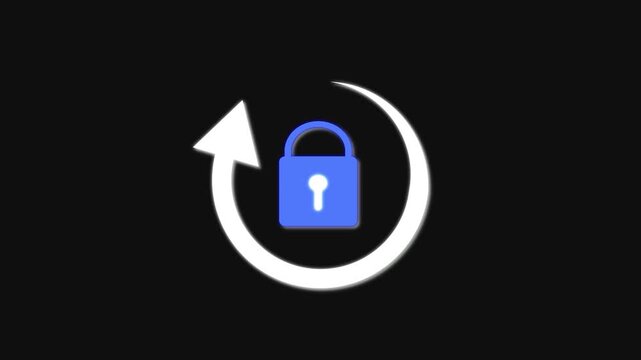 Blue padlock icon with refresh arrow symbol on dark animation background security. Animated blue padlock icon with refresh symbol on dark background, ideal for tech security, log in, and safety