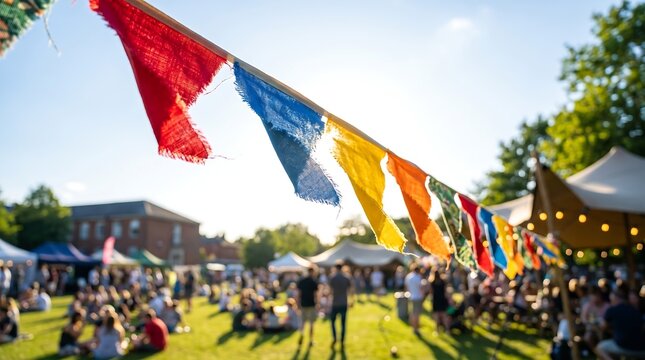 Close up of weathered fabric bunting flags fluttering in breeze at outdoor summer festival with blurred crowd and tent in background during golden hour light in public park