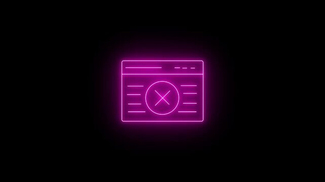 Glowing neon pink con of a web browser window displaying a close/error 'X' mark symbol in the center. Animated website error, page load failed, broken link, access denied icon on a black background.