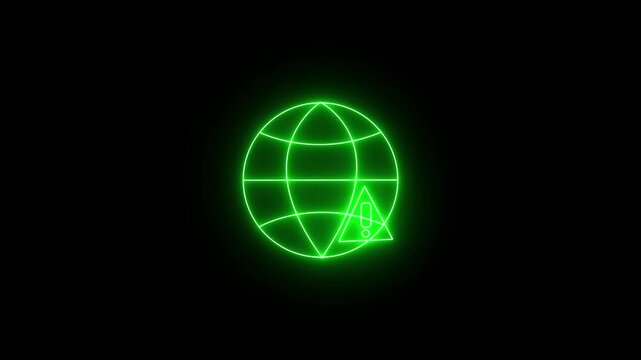 Glowing neon green icon of a global network globe with an alert triangle warning sign. Animated internet error, connection failed, web warning, or network security threat icon on a black background. 