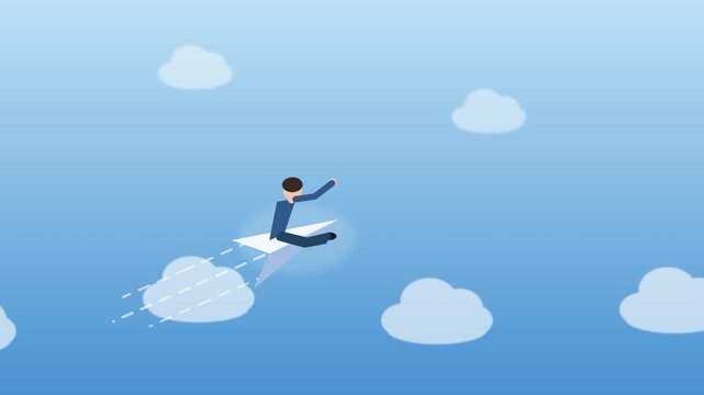 Animated businessman flying on paper airplane in sky clouds, reaching for success