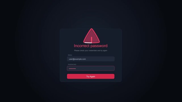 animation of wrong password warning login form design on dark background