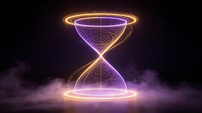 Abstract geometric hourglass structure created from glowing neon laser lines with floating particle dusts and dense purple fog depicting temporal dimensions and futuristic digital eternity concepts