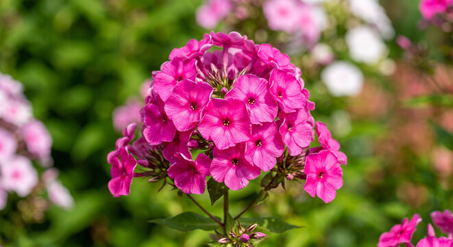 Vibrant magenta phlox garden bloom showcasing intricate petal patterns during bright sunny summer afternoon light with cluster brilliant magenta