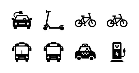 Transportation icons for cars, scooters, bicycles, buses, taxis and charging stations, outline solid styles for UI and web design © Tashin