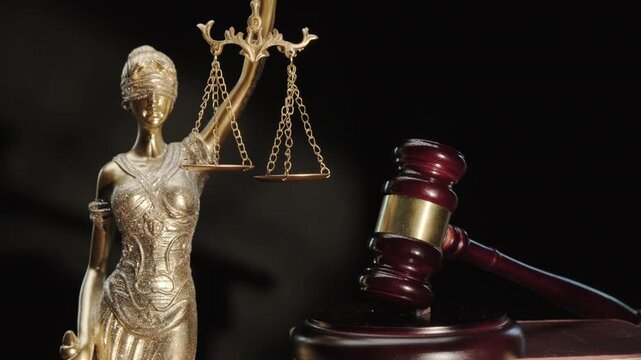 Statue of Lady Justice and judge's gavel on black background, symbolic attributes of judgment