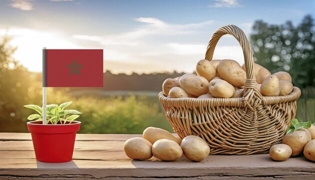 Flag of Morocco planted in a pot with a potato seedling, on a wooden table with a wicker basket full of potatoes, against a farm field at dawn.Moroccan agriculture, production, import-export of products and goods concept.AI generated