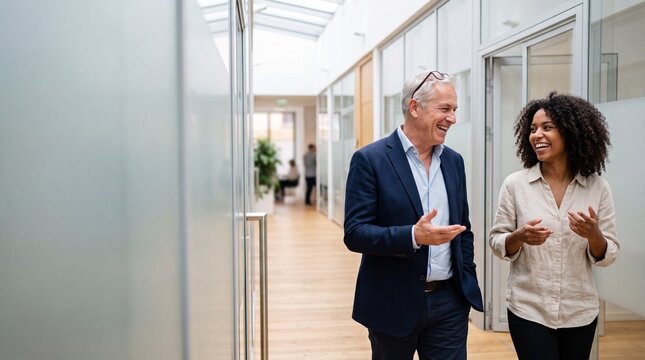 Gesch&auml;ftsmann und Gesch&auml;ftsfrau gehen l&auml;chelnd im Gespr&auml;ch durch einen hellen modernen B&uuml;roflur