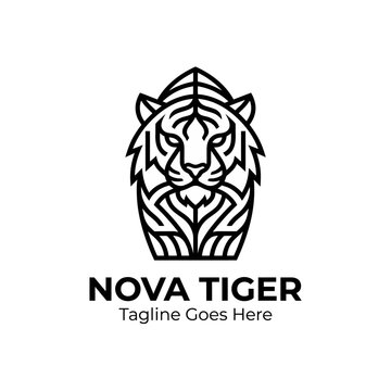 Bold, symmetrical line-art style tiger face. Represents power and agility for sports teams, tech startups, or modern branding.