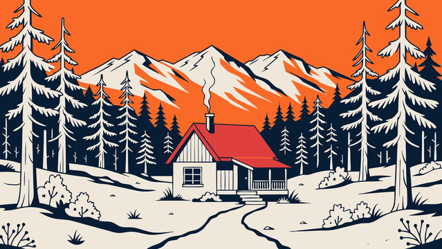 Cozy cabin with a red roof nestled in a snowy winter forest with mountain peaks in the background