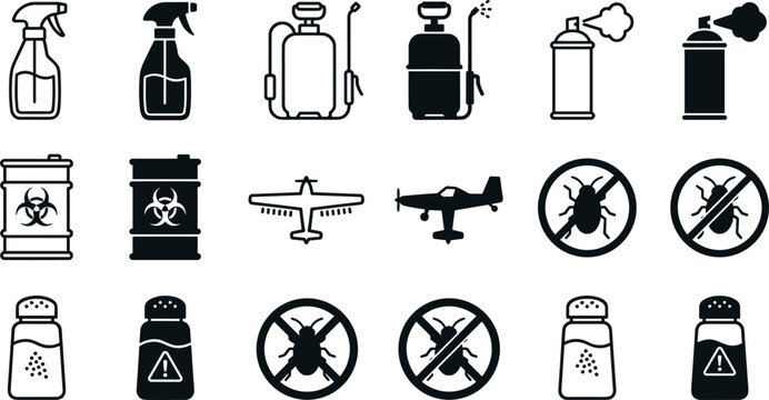 Pest Control and Agricultural Spraying Icon Set Featuring Chemical Bottles, Backpack Sprayers, Aerosol Cans, Crop Duster Planes, Biohazard Barrels, and Prohibited Insect Symbols Vector