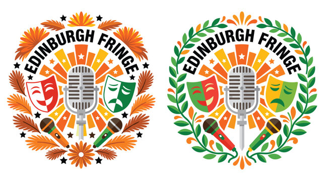 Edinburgh fringe festival logos set with microphones, theater masks and colorful elements.