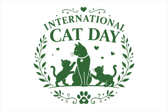 International cat day emblem design featuring cute cats and floral wreath frame