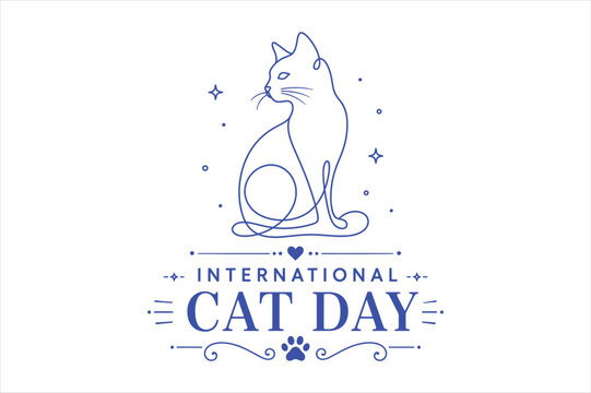 Minimalist line art international cat day badge with simple sitting cat