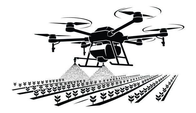 professional black vector silhouette of a large agricultural spraying drone flying over crop rows, modern farming technolog