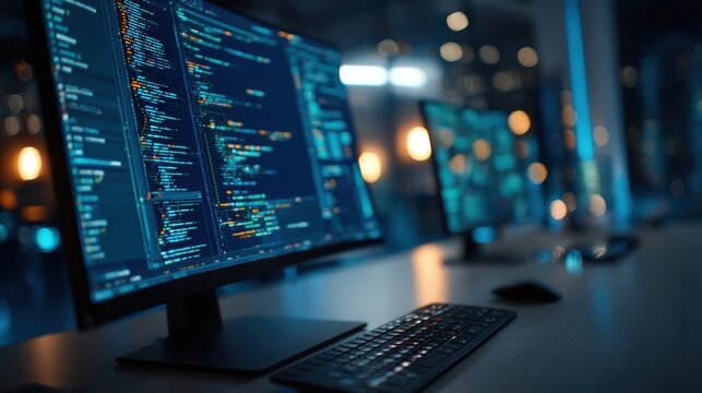 Computer monitor displaying programming code in a dark office. Software development concept for tech ads.